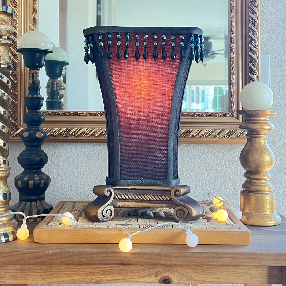 Boho Beaded Table Lamp Black Gold Vintage Style Accent Light Eclectic Decor